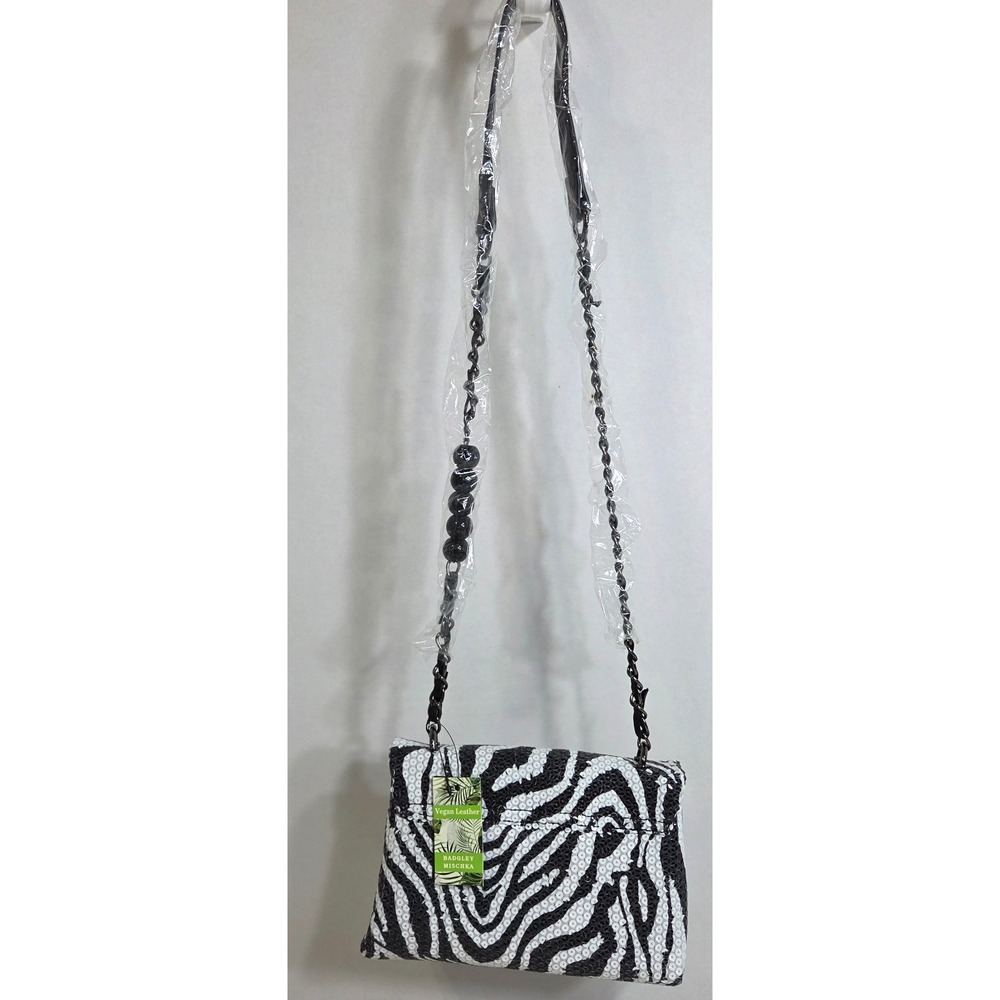 Badgley Mischka Zebra Crossbodybag Sequin Black White Vegan Leather NWT - Picture 3 of 13